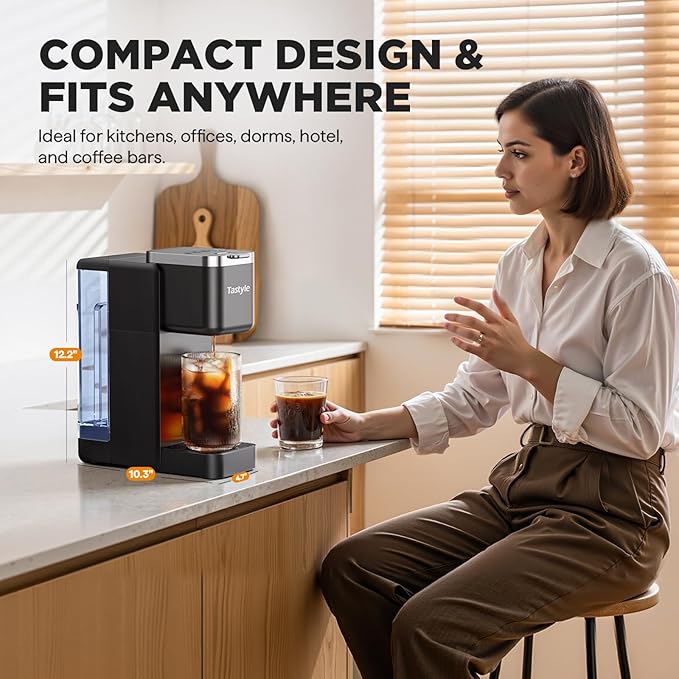 Tastyle Single Serve Coffee Maker, Iced and Hot Coffee Machine for K Cup & Grounds, Compact Design, 40oz Removable Water Reservoir, 6 to 24 Oz Brew Sizes, Fits 7.3" Travel Mug, Black