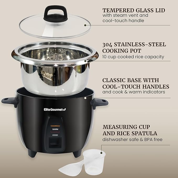 Elite Gourmet ERC2001BX 10-Cup Electric Rice Cooker with 304 Surgical Grade Stainless Steel Inner Pot, Makes Soups, Stews, Porridges, Grains and Cereals