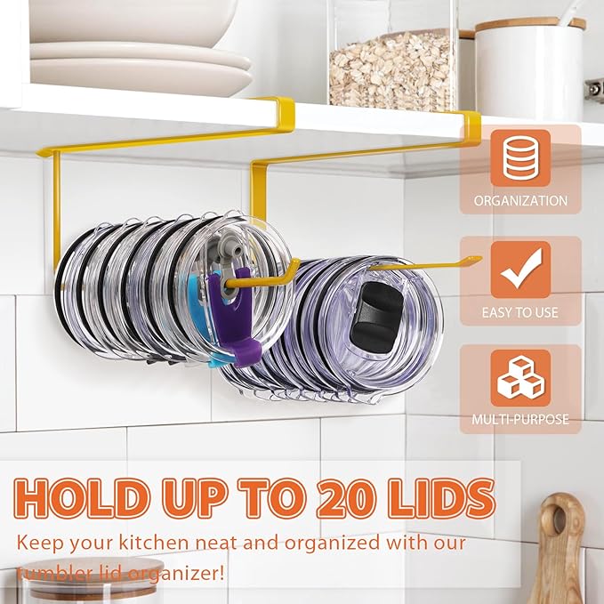 2 Pack Tumbler Lid Organizer, Horizontal Tumbler Lid Storage Hook Up to 20 Lids, Space Saving Cup Lid Holder Under Cabinet Tumbler Lid Hook for Kitchen Organizer, Paper Towel Hanger(Round&Flat, Gold)