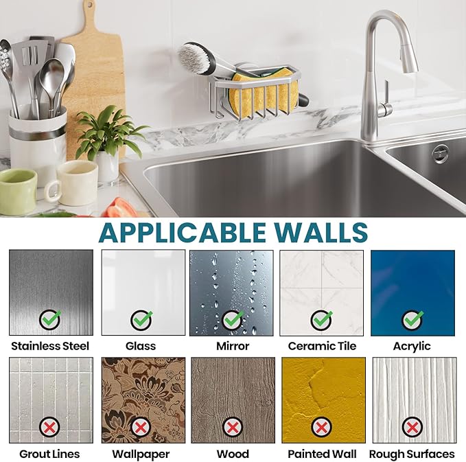TAILI Sponge Holder for Kitchen Sink with Strong Suction Cup, Rustproof Aluminum Sink Caddy for Sponges, Brushes, Stoppers & Scrapers, Silver