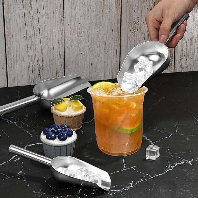 3 + 6 + 9 + 12 + 16 OZ Ounce Stainless Steel Ice Scoop Set of 10, Food-Grade, Multiple Sizes Metal Food Scoop, Rust-proof Candy Ice Cube Scoop for Kitchen Party Wedding Popcorn Dog Food Potted Plants