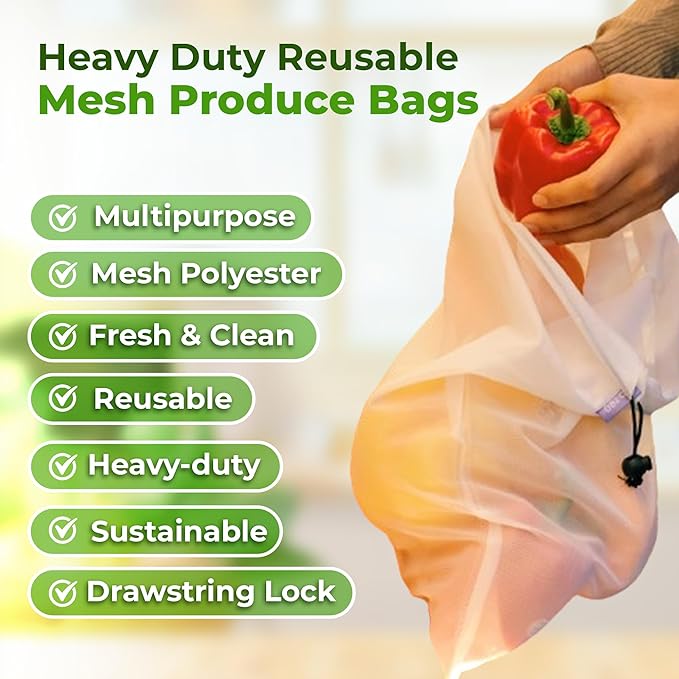 purifyou Set of 3 Premium Reusable Produce Bags, Washable Farmers Market Bags for Fruits, Vegetables, Groceries, Kitchen Storage, Home Storage, Toy Organizer, Lightweight Mesh Bags (12x14in)