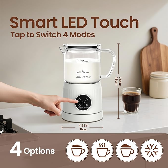 Casimhu 4-in-1 Milk Frother, Electric Milk Frother and Steamer with LED Touch Screen, Ceramic Lining Bottom, Milk Warmer 13.52oz for Lattes, Cappuccinos, and Macchiatos at Home, White