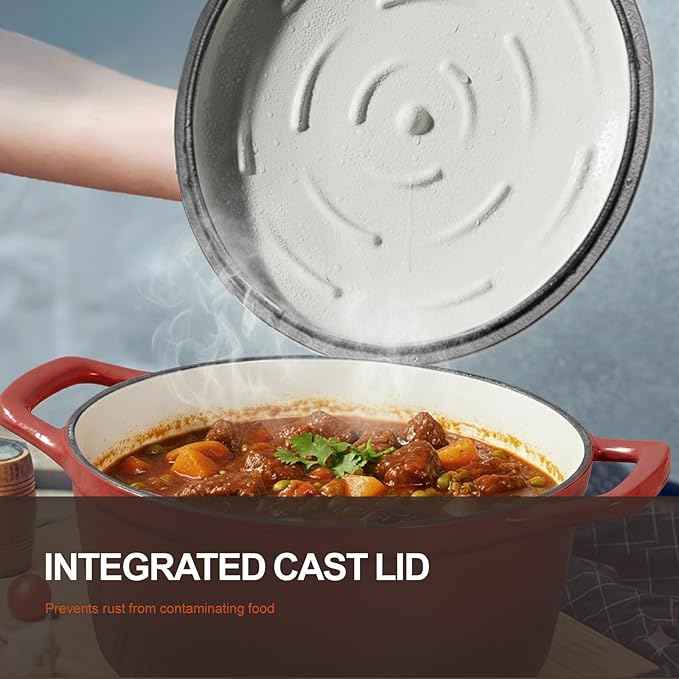 Overmont Refined Enameled Cast Iron Dutch Oven - 5.5QT Pot with Wide Handles Lid Cookbook & Cotton Potholders - Heavy-Duty Pre-Seasoned Cookware Oven Safe to 500°F for Braising, Stews, Roasting, Bread Baking