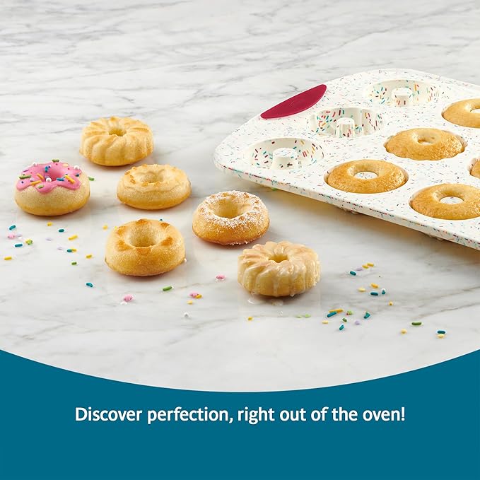 Trudeau 12-Cavity Donut Pan – Nonstick Baking Mold for Homemade Donuts, White Confetti/Fuchsia – Easy Release, Dishwasher Safe