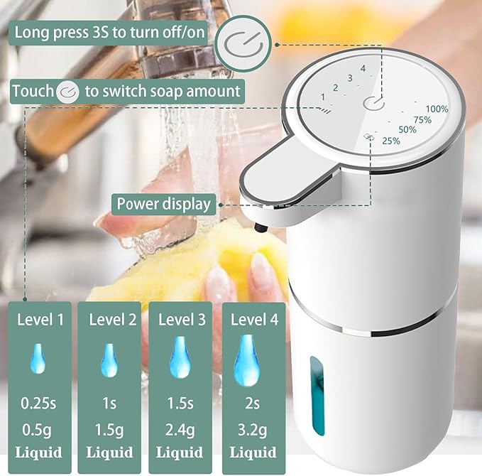 Automatic Liquid Soap Dispenser,Touchless Hand Soap Dispenser 13.5oz/400ml USB Rechargeabled Dispenser Electric,Wall Mounted 4 Levels Adjustable Soap Dispenser Pump for Bathroom Kitchen Dish Soap