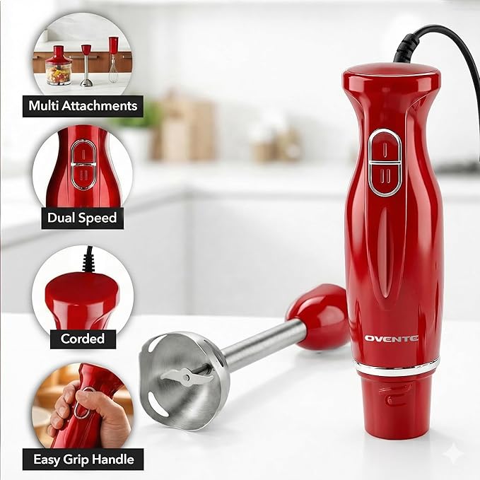 OVENTE Immersion Hand Blender Set, 300W Electric Handheld Stick Mixer, 2 Mixing Speeds with Stainless Steel Blades, Egg Whisk, Beaker & BPA-Free Food Chopper, Red HS565R