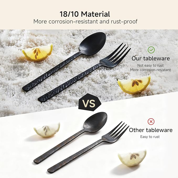 KINGSTONE 40 Pcs Black Hammered Silverware Set for 8, 18/10 Stainless Steel Heavy Duty Flatware Set, Tableware Cutlery Utensil Sets for Home Restaurant Dishwasher Safe