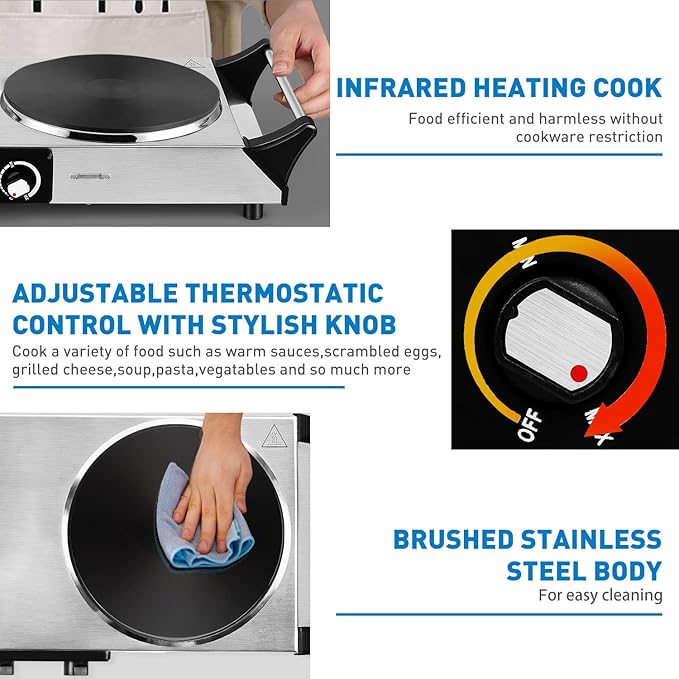 Hot Plate, Techwood 1800W Portable Electric Stove for Cooking Countertop Dual Burners with Adjustable Temperature & Handles, 7.5” Cooktop for Home/RV/Camp, Compatible for All Cookwares, Silver