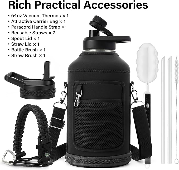 DYSANKY Insulated Water Bottle | Thickened Stainless Steel Vacuum Metal | Portable Sports Half Gallon Large Water Jug for Gym and Hiking with Straw, Carrier Bag, Handle Strap | BPA-Free 64 oz