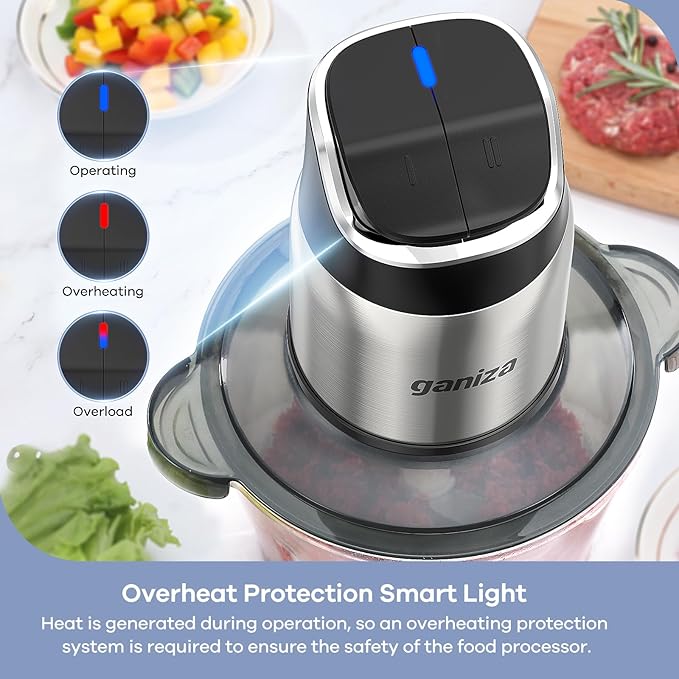 GANIZA Food Processors, Electric Chopper with Meat Grinder & Veggie Chopper - 2 Bowls (8 Cup+8 Cup) with Powerful 450W Copper Motor - Includes 3 Sets of Bi-Level Blades