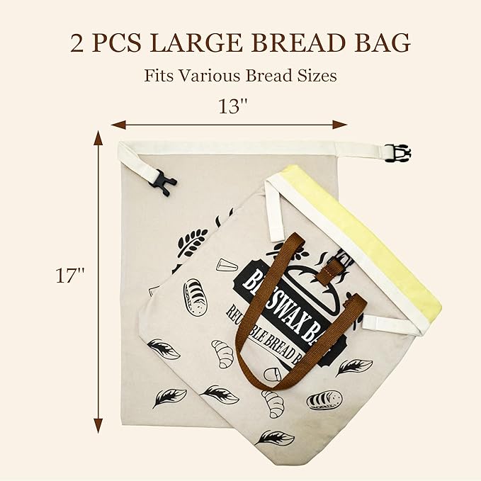 2 Pack Reusable Beeswax Bread Bags for Homemade Bread with Handle,17 X 13 Inch Large Cotton Sourdough Bread Storage for Fridge Freezer Counter,Keep Fresh Longer