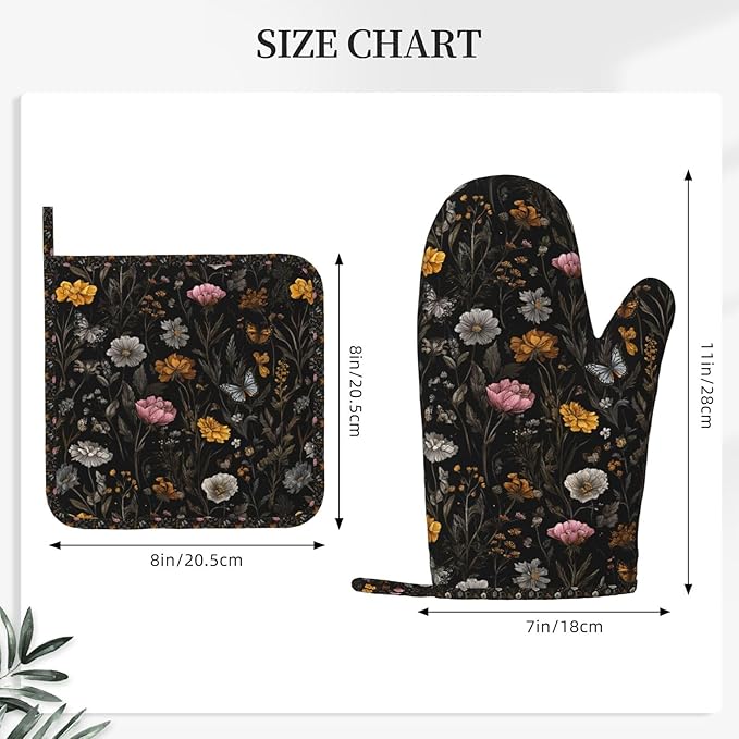 Oven Mitts and Pot Holders Flower Butterfly Boho Botanical Silicone Kitchen Accessories Set of 4 Heat Resistant Long Gloves Potholder Non-Slip Grip for Chef Baking Cooking Grilling BBQ