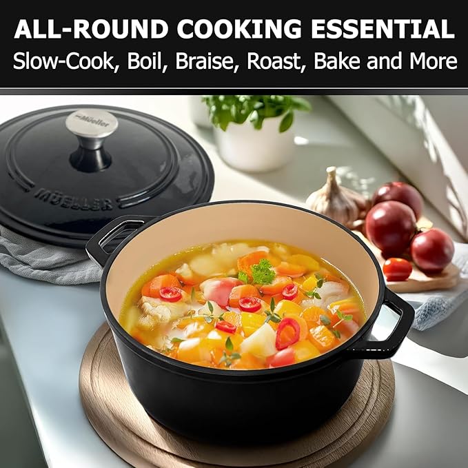 MUELLER HOME 7.5 QT Enameled Cast Iron Dutch Oven, Heavy-Duty, Oven-Safe up to 500° F & Across All Cooktops, Casserole Dish and Braiser Pan with Lid and Stainless Knob, Black
