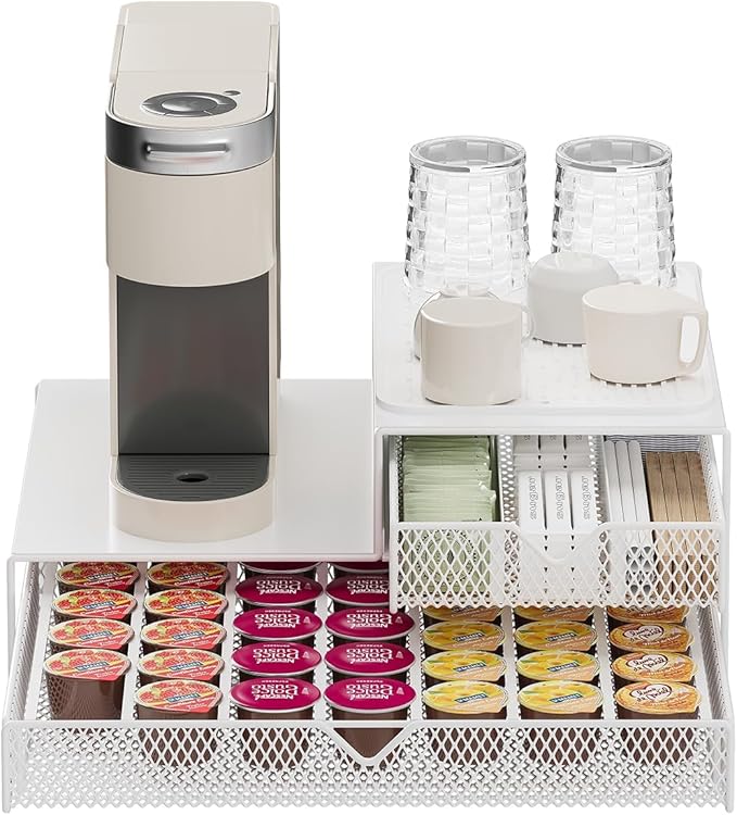K Cup Organizer for Countertop - Solid Metal 60 Coffee Pod Holder Storage Drawer, Reinforced Steel Stand Compatible with Keurig K-Cup Pods, Anti-Vibration & No-Sag Design, No Assembly Required (White)