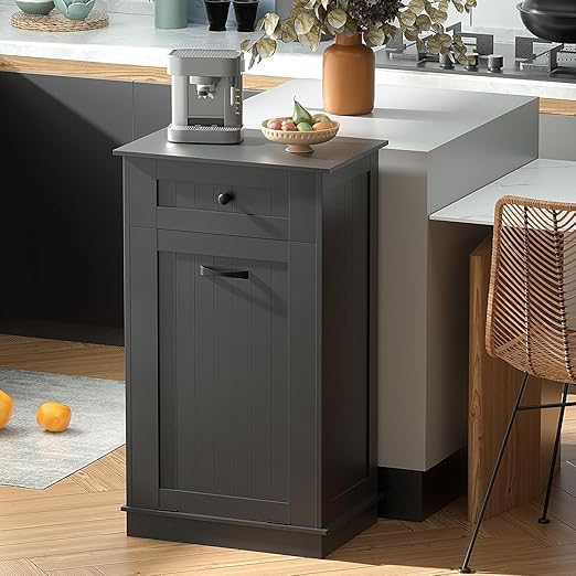 13 Gallons Tilt Out Trash Cabinet Hidden Trash Can Cabinet with Power Outlet, Pet Proof Garbage Can Cabinet with Storage for Kitchen,Living Room