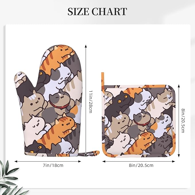 Fun Cat Cartoon Animal Face Oven Mitts and Pot Holders Set of 4 Silicone Heat Resistant Oven Mitten Potholders Non Slip Gloves Kitchen Decor for BBQ Cooking Grilling Baking