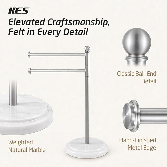 KES Anti Wobble Hand Towel Holder Stand with Weighted Marble Base, F Shape Swivel Countertop Hand Towel Stand for Bathroom, Vanity, Kitchen, Rustproof 18/8 Stainless Steel Brushed Finish, BTH242-2
