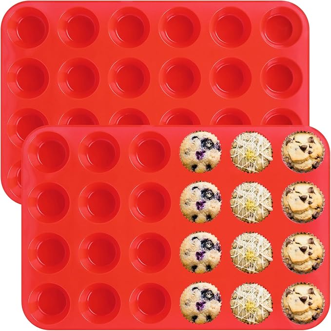 Sakolla 2 Pack Silicone Muffin Pan, Nonsticks 24 Cups Mini Cupcake Pans for Baking Muffin, Egg Bite, Cupcakes and Puddings (Red)