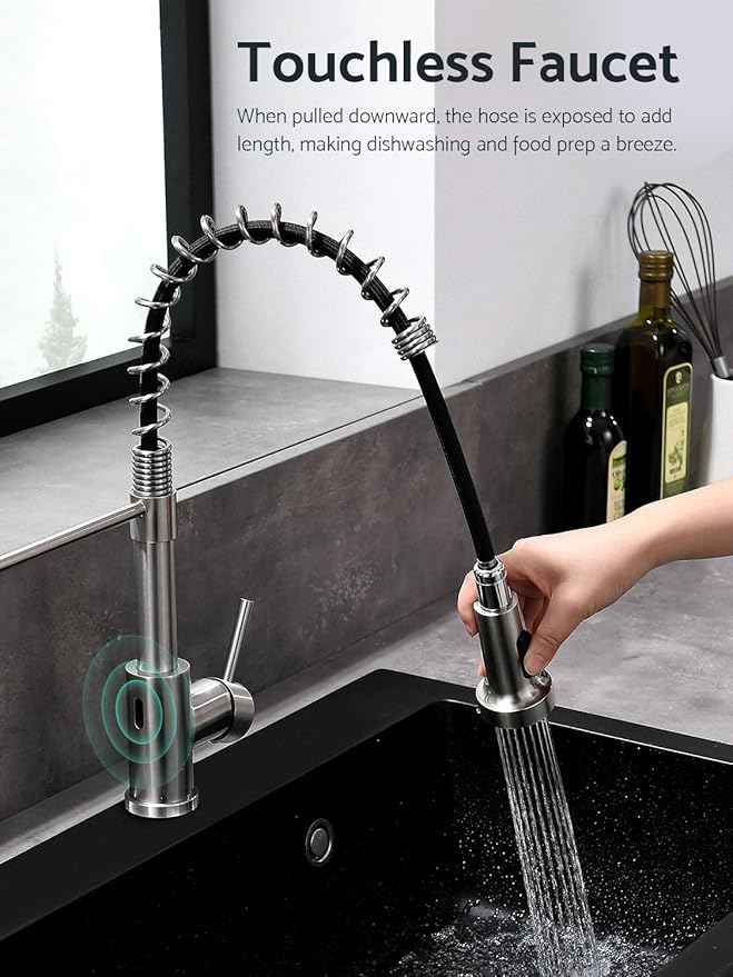 WEWE Touchless Kitchen Faucet with Pull Down Sprayer - Motion Sensor Kitchen Faucets Spring Single Handle Stainless Steel Kitchen Sink Faucet (Brushed Nickel)