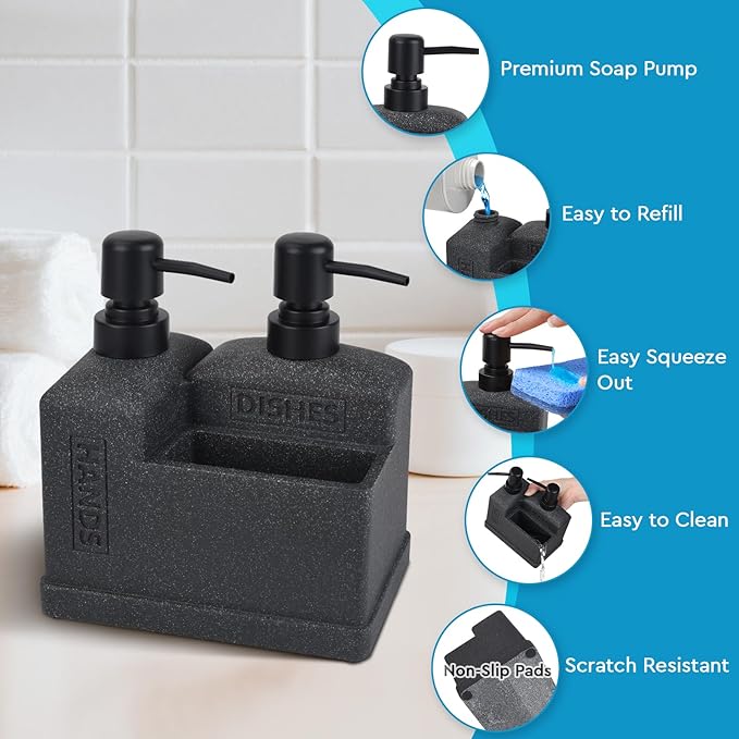 Kitchen Hand Soap and Dish Soap Dispenser Set,Dual Soap Dispenser with Sponge Holder 3-in-1 Organizer for Kitchen Sink,Bathroom,Useful Kitchen Gadgets - Black
