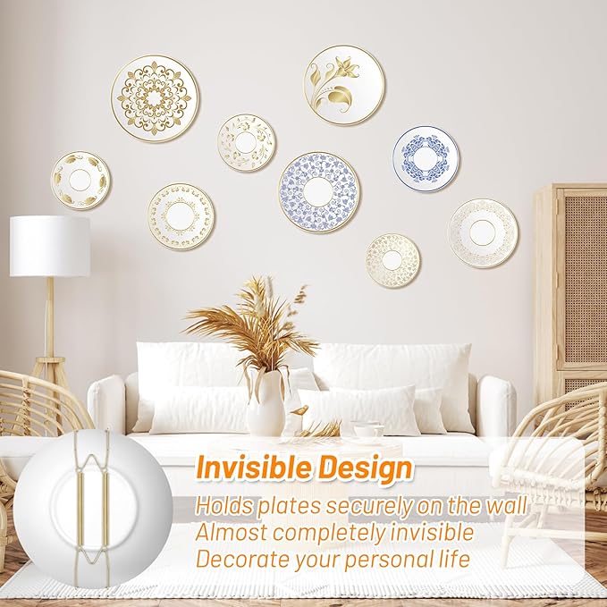 14 Pcs Invisible Plate Hangers for The Wall - 4/6/8/10 Inch Stainless Steel Decorative Plate Holers for Display, Artwork & Home Decor (Includes 14 Wall Hooks & 56 Tip Protectors & Guide)