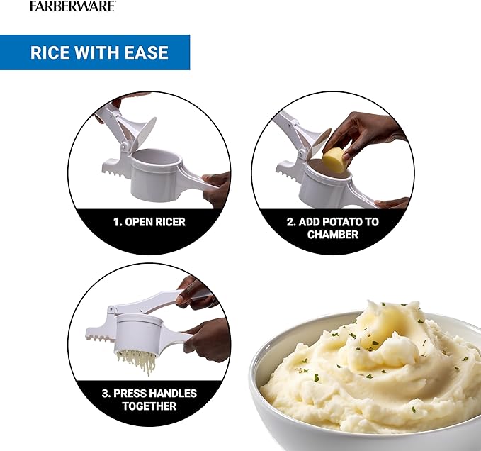 Farberware Professional Potato Ricer, 3 Interchangable Stainless Steel Ricing Disc Sizes, Large Capacity Ricer