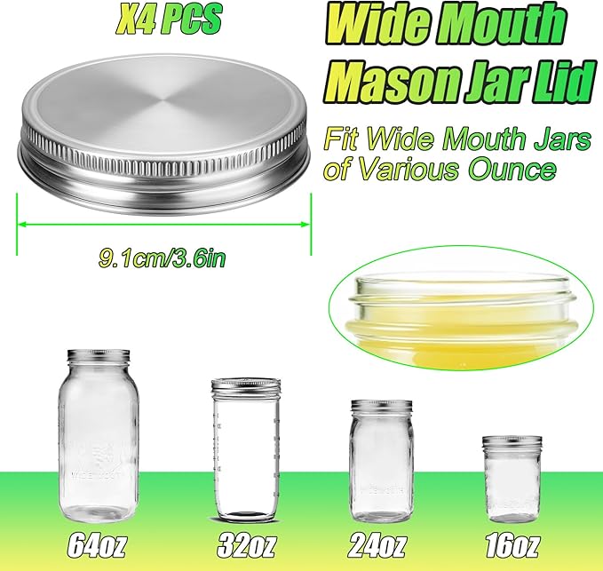 Palksky Mason Jar Lids Stainless Steel for Wide Mouth Mason Jar Lids, 4Pcs Rustproof Mason Jar Caps/Tops - Leakproof & Dishwasher Safe
