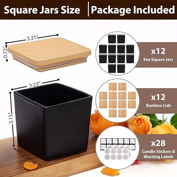 CONNOO 12 Pack 9 OZ Matte Black Square Candle Jars for Making Candles, Thick Glass Bulk Empty Candle Containers with Airtight Bamboo Lids for Candle Making, Sticky Warning Labels - Dishwasher Safe