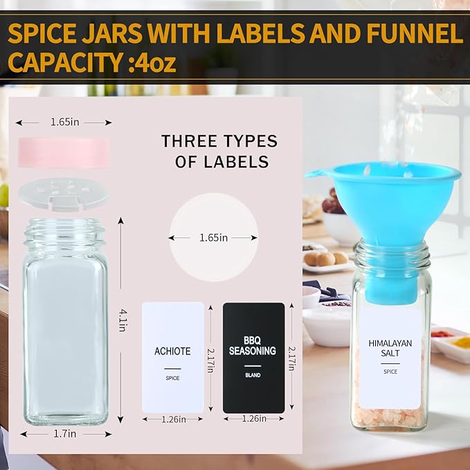 48 Glass Spice Jars with Labels, Spice Jar Set, 4oz Seasoning Containers, Spice Containers with Pink Airtight Lids and Shaker Lids, Square Empty Spice Bottles, 492 Labels, 1 Funnel