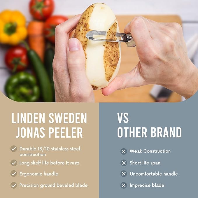 Linden Sweden Original Jonas Vegetable Peeler - Rust Resistant Silver Carrot and Potato Peeler with Ergonomic Handle for Safety and Control - Dishwasher Safe and Compact - Made In Sweden - 6.5in