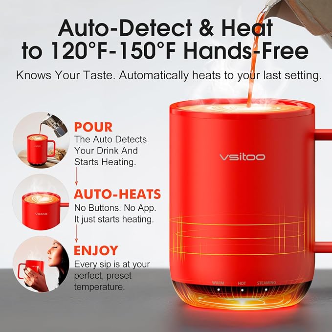 Vsitoo S3 Plus 14oz Heated Coffee Mug - Temperature Control Smart Mug with Mug Warmer, Auto-Sensing AI Heats Drinks to 120-150°F Hands-Free.Ideal for Home/Office/Gifts，Red