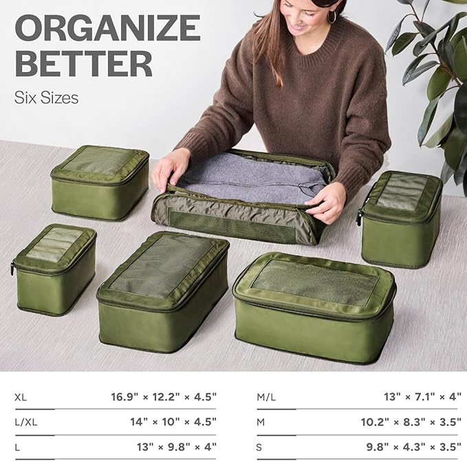 Aerotrunk Compression Packing Cubes for Travel - Luggage Organizer Bags - Double Zipper Packing Cubes for Suitcases (6-Pack, Olive)