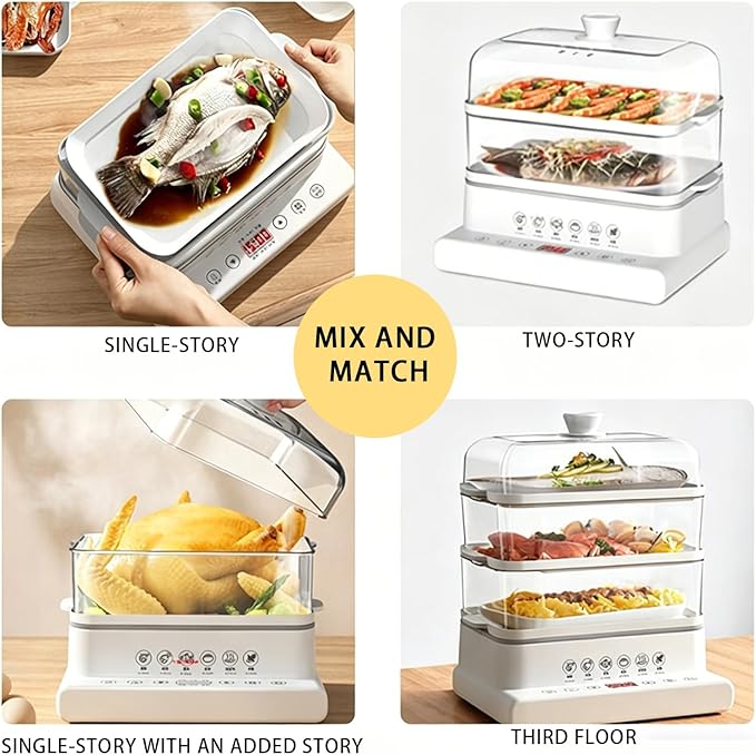 Electric Food Steamer, 32L 3-Tier Square Steamer, Food-Grade & Dishwasher-Safe, Juice Tray, 6 Preset Programs for Meat/Fish/Seafood/Grains, 10s 3D Steam, 12H Delay Start, Baby Food Steamer Pot
