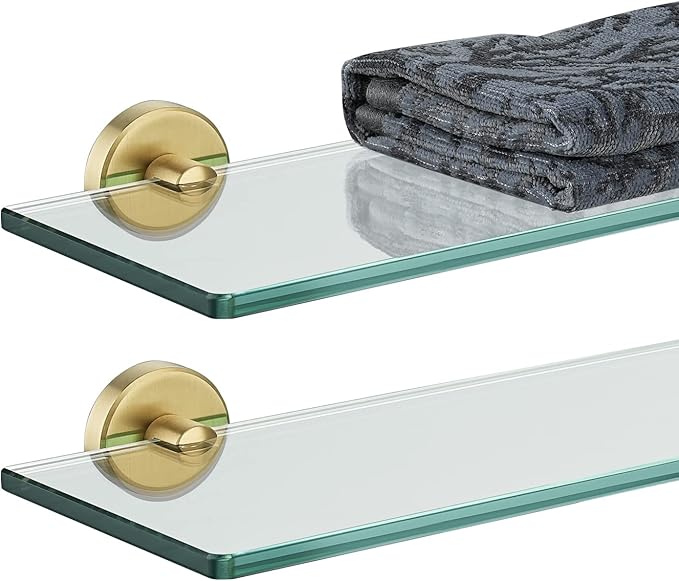 JQK Bathroom Glass Shelf Gold, Tempered Glass Shower Storage 12 by 5 inches, 304 Stainless Steel Brushed Gold Wall Mount 2 Pack, TGS101L12-BG-P2