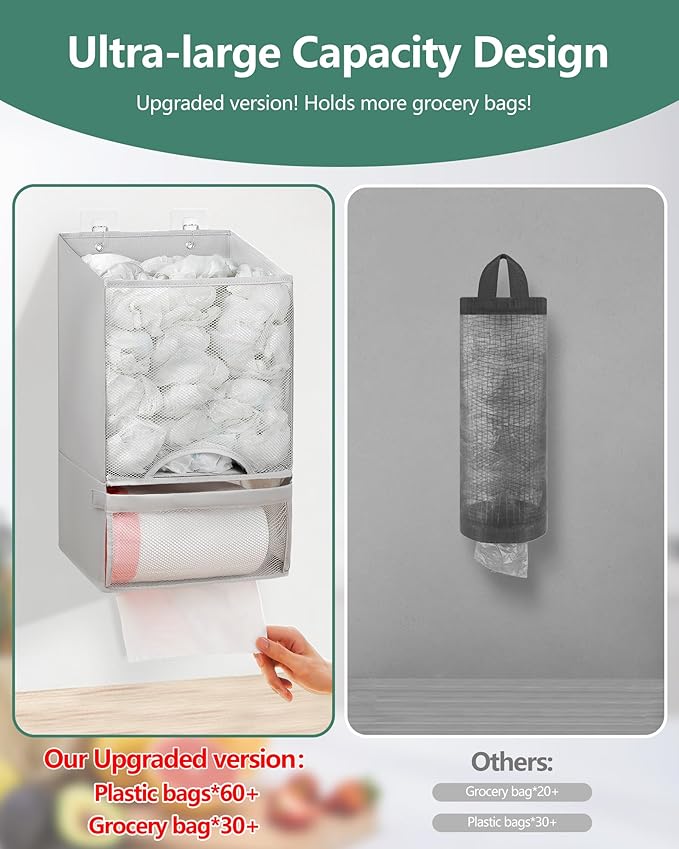 Bag Saver - Extra Large 2 in 1 Plastic Bag Holder Storage, Durable Mesh Grocery Hanging Trash Dispenser Roll Organizer for Home Kitchen/Bathroom/Laundry, Multi-purpose for Daily (Light Grey)