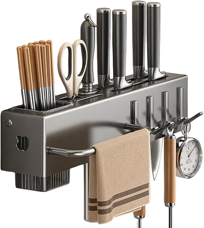 Utensil Holder – Kitchen Wall Organizer | No-Drilling Wall Mount Cutlery Storage Rack With Hooks, Towel Hanger For Spatula, Spoon, Mug & Kitchen Accessories Organization And Space Saving