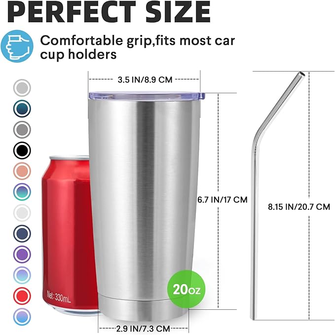 Volhoply 20oz Stainless Steel Tumbler with Lid and Straw,Double Wall Insulated Travel Iced Coffee Mug Fits Car Cup Holder,Powder Coated Cups for Hot and Cold Drinks,Gifts for Women Men（Silver,1 Set）