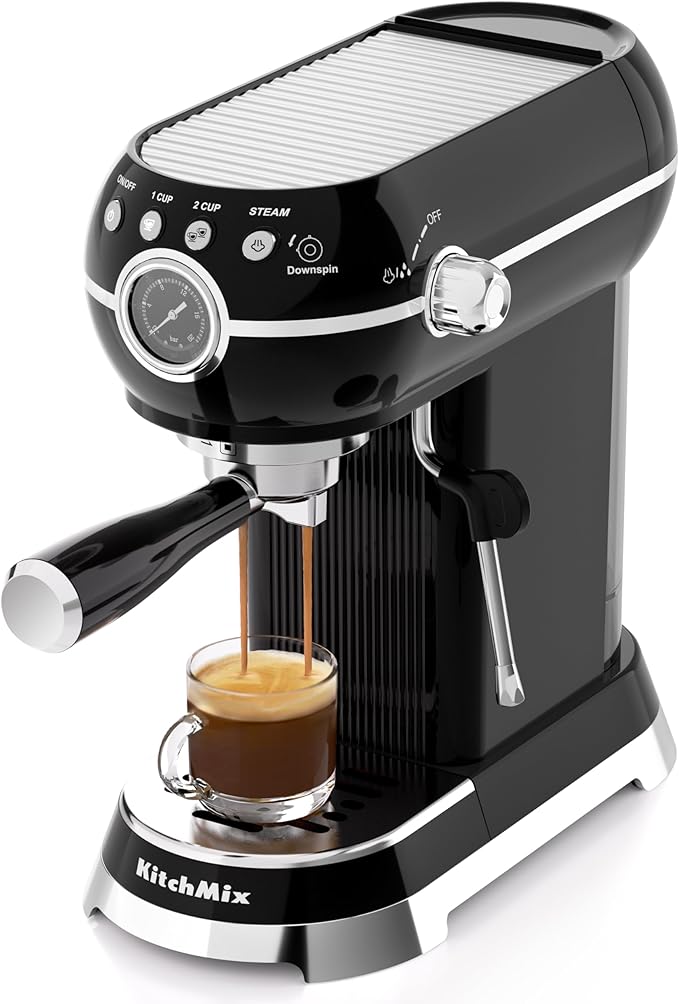KITCHMIX Espresso Machine with Milk Frother ，20 Bar Stainless Steel Espresso Maker with Milk Frother Steam Wand, Espresso Coffee Machine with Removable Water Tank (Black)