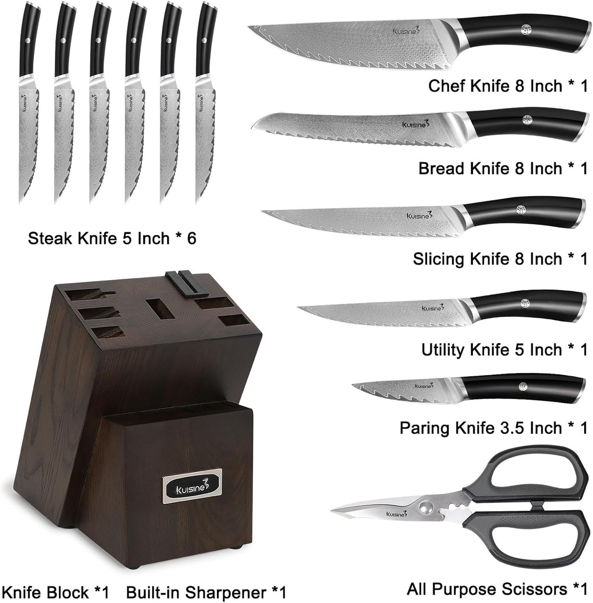 Damascus Knife Block Set,Sharp Knife Set,Ergonomic Non-slip Handle,Chef Knife Set with Built-in Sharpener,Luxury Gift for Holiday(Silver,14PCS)