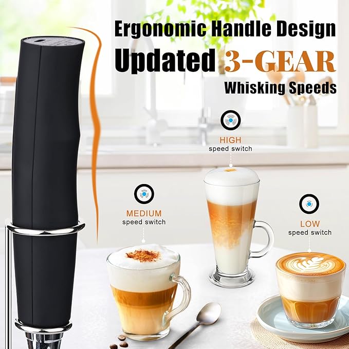Nahida Milk Frother Wand for Coffee Frother Handheld with Stand Drink Mixer with 3 Heads 3 Speeds Electric Whisk Foam Maker For Latte, Cappuccino, Hot Chocolate - Black
