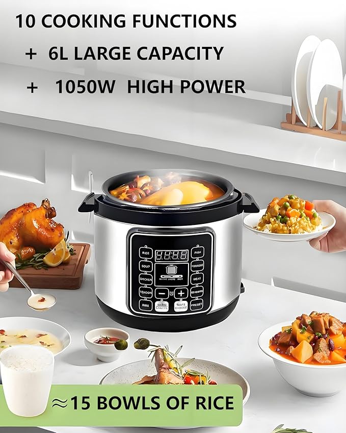 Electric Pressure Cooker, 6 Liters, Slow Stew Pot With 24-Hour Reservation Function, 10 In 1 Rice Cooker, Wok, Cake, Yogurt, Etc., Stainless Steel/Black