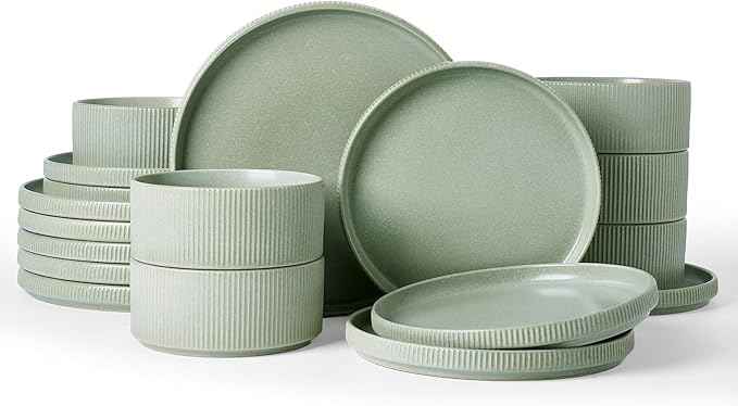 Famiware Star Dinnerware Set, Plates and Bowls Sets for 6 (18pcs), Ribbed Stoneware Dishes - Chip & Scratch Resistant, Microwave & Dishwasher Safe Kitchenware, Matte Sage Green