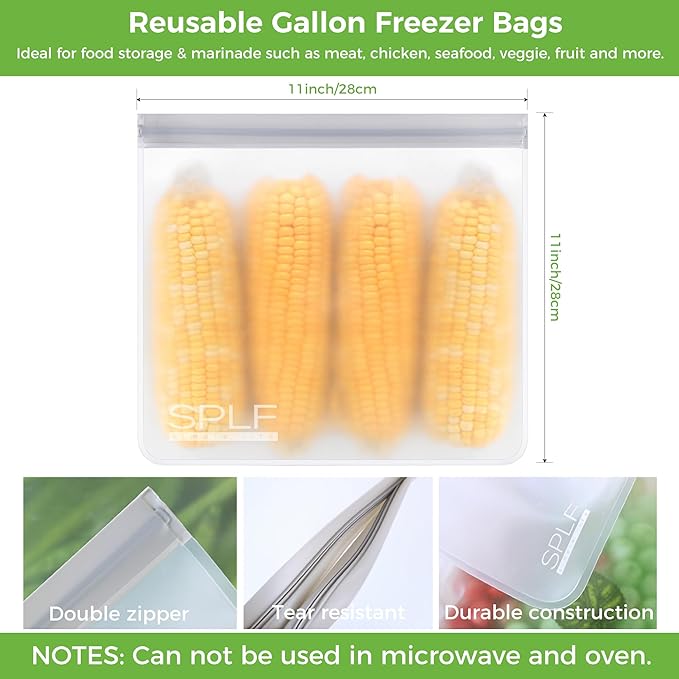 SPLF 9 Pack Reusable Gallon Freezer Bags, BPA Free 1 gallon Leakproof Silicone and Plastic Free Food Storage Bags for Meal Prep, Fruits, Sandwich, Snack, Travel Items
