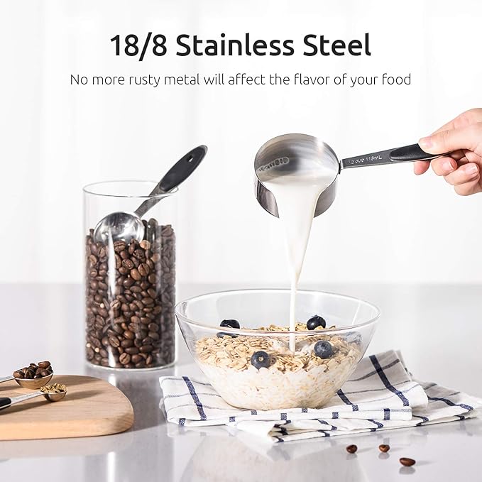 U-Taste 18/8 Stainless Steel Measuring Cups and Spoons Set of 10, and 18/8 Stainless Steel Square Measuring Spoons Set of 8 (Black+Silver)