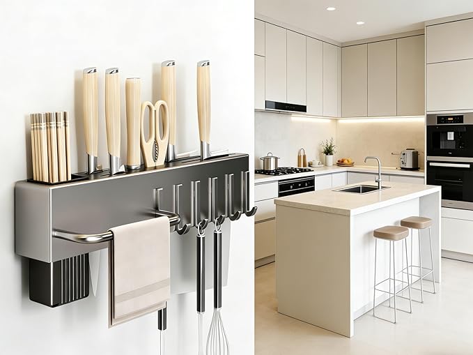 SEIDO Carbon Steel Utensil Rack – Space-Saving 12" L Kitchen Organizer with hooks & hanging bar, Gunmetal Gray Knife Holder, 2 Installation Options (Adhesive/Screwed)