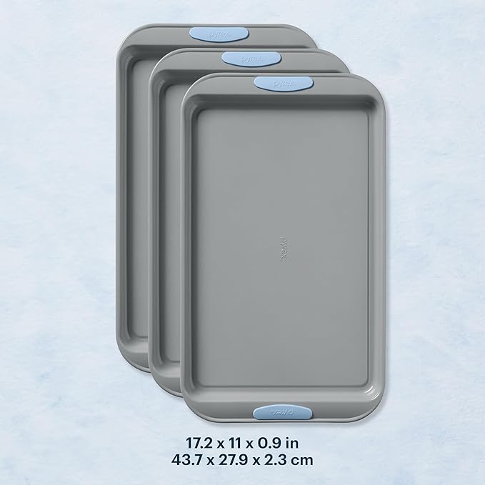 Pyrex (3-Piece) Metal Cookie Sheet Bakeware Set, Lightweight Stainless Steel Baking Trays with Heatsafe Silicone Handles, Cookie Sheet Baking Pan, Cerulean