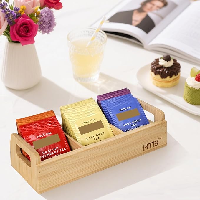 HTB Small Tea Bag Holder, Bamboo Tea Organizer 3 Compartments for Beverage Suppliers, Sugar, Sweeteners, Individual Packets, Portable Tea Bag Organizer for Home Kitchen Counter or Office