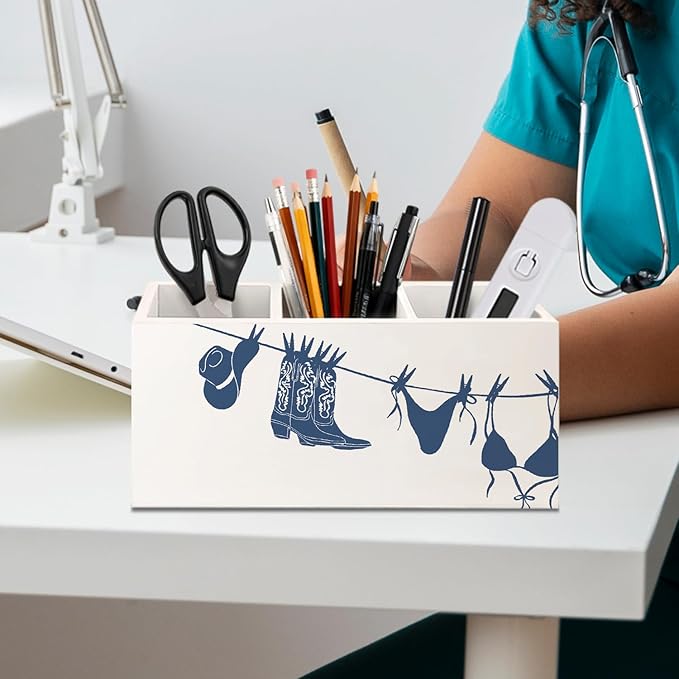 Funky Bikini Beach Wooden Utensils Holder, Girly Trendy Navy Blue Coastal Cowgirl Boot Hat Wood Cooking Utensil Holder Organizer for Kitchen Countertop Counter Decor Accessories
