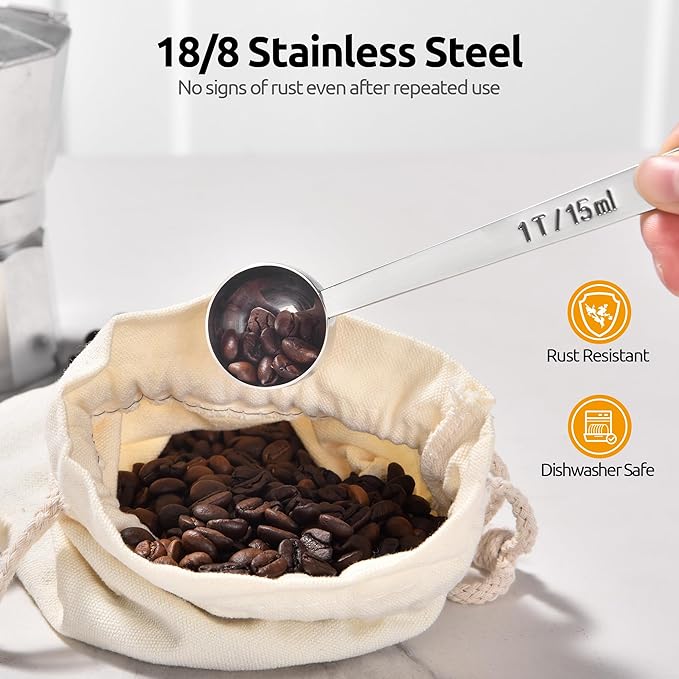 U-Taste Coffee Scoop 2 Tablespoon: 18/8 Stainless Steel Measuring Scooper for Ground Coffee, Bean, Powder, Espresso, 4.3in Long Handle Metal Measure Spoon for Canister, Jar (1Tbsp+2Tbsp / 15ml+30ml)